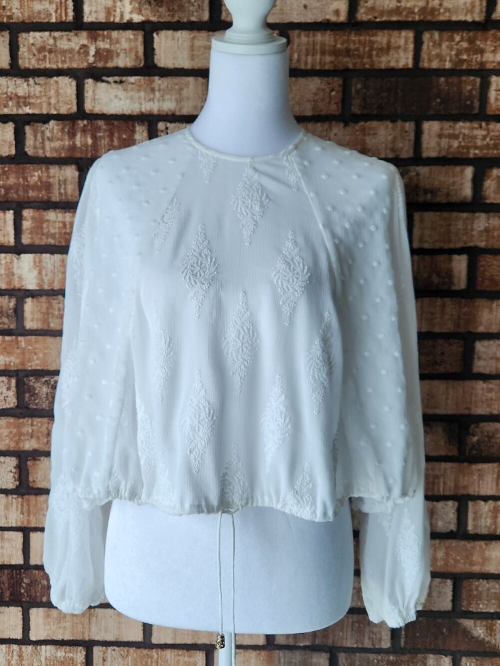 ZARA White Boho Peasant Blouse Long Sleeve Cropped Tie Front Embroidered S